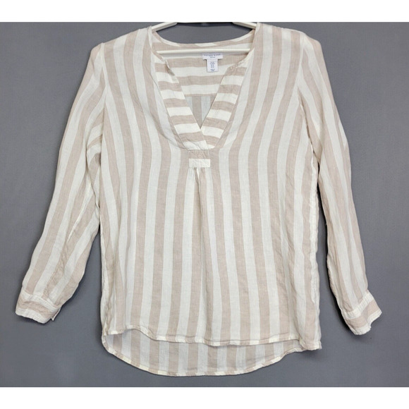 Antibes Blanc Boho 100% Linen Top Womens M Ivory Tan Striped Roll-Tab Sleeves - Picture 1 of 12